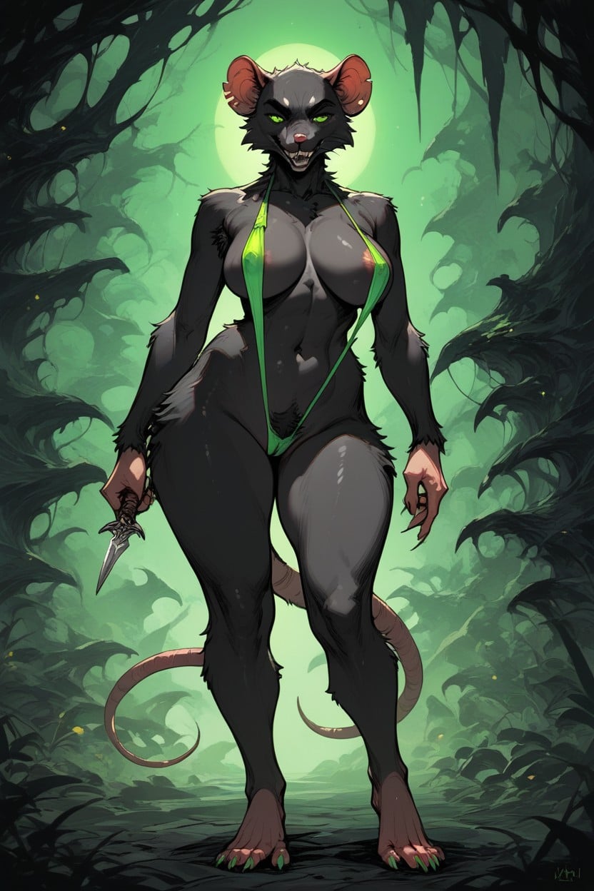 Green Pubic Hair, Slingshot Bikini, Standing Furry AI Porn