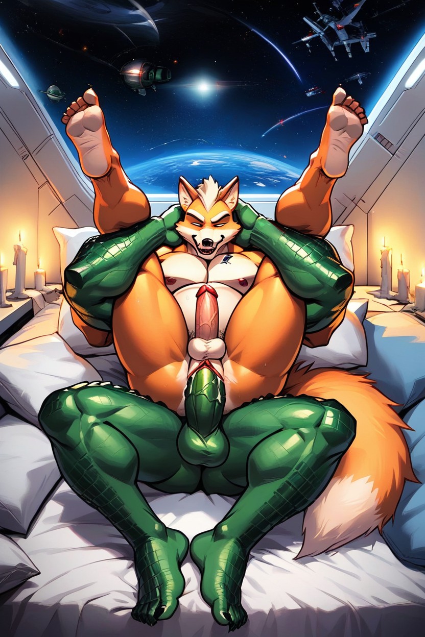 Bed, Alligatorwearing Black Bandana, Vaginal Penetration Furry AI Porn
