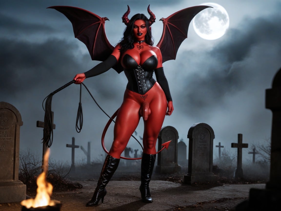 Whole Body, Black Shiny Lips, Hold Big Fire Whip In Hand Shemale AI Porn