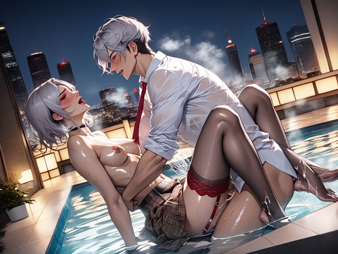 Striped Red Tie With Blue Stripes, Massive Amount Of Oil, Red Garter Belt Hentai AI Porn
