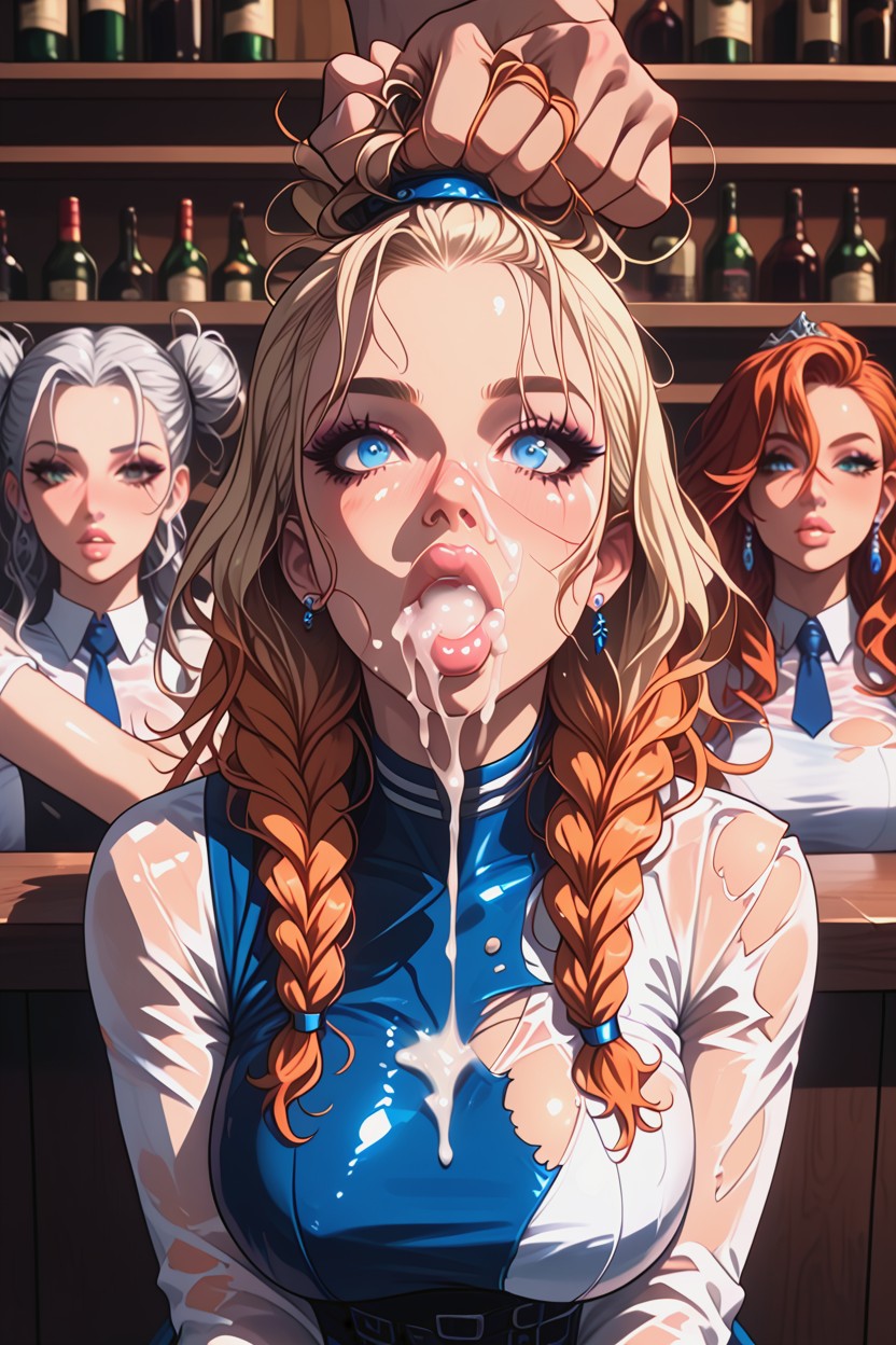Beautiful Blonde Woman Behind Her Groping Her, Messy Twin Tail Braids, Excessive Cum Gushing From Nose AI Porn