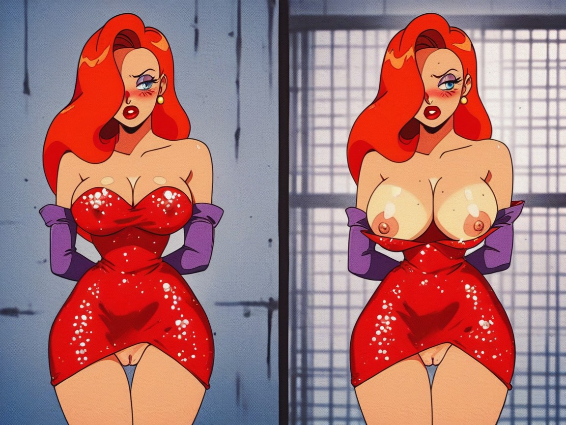 Embarrassed , Massive Breast, Sheer Red Dress AI Porn
