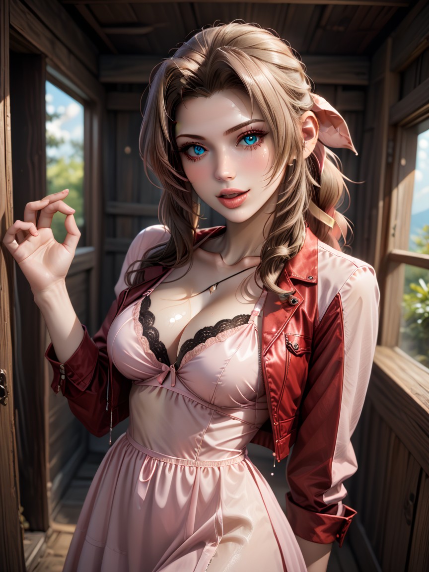 Light Brown Hair, Aerith Gainsborough From Final Fantasy, Beautiful Face Hentai AI Porn