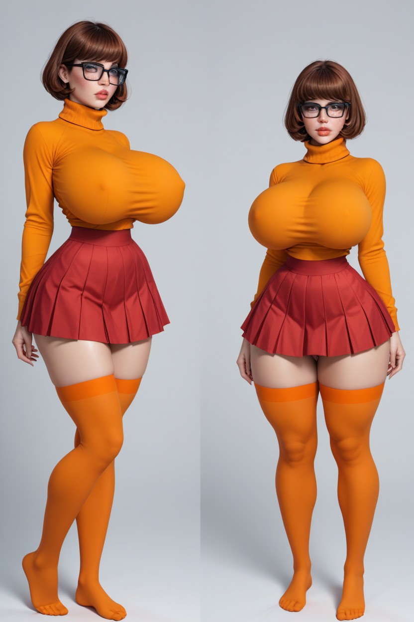 Red Pleated Skirt, Extremely Wide Hips, Full Nude AI Porn