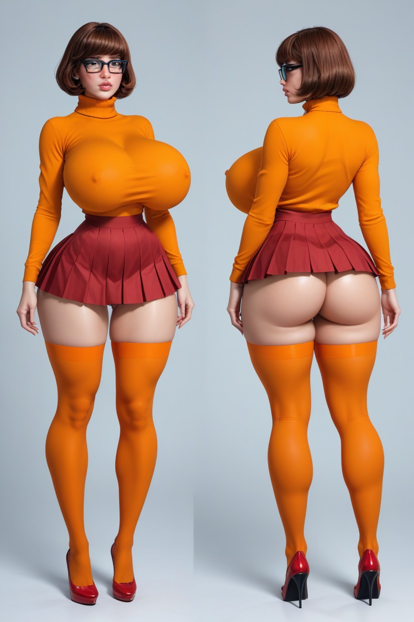 Extremely Waist, Orange Turtleneck Knitted Sweater, Face AI Porn