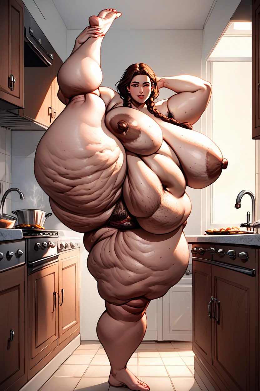 Fat Roll And Deposits Cover All Her Body, Kitchen, Absurdly Gigantic Mommy Type Belly BBW AI Porn
