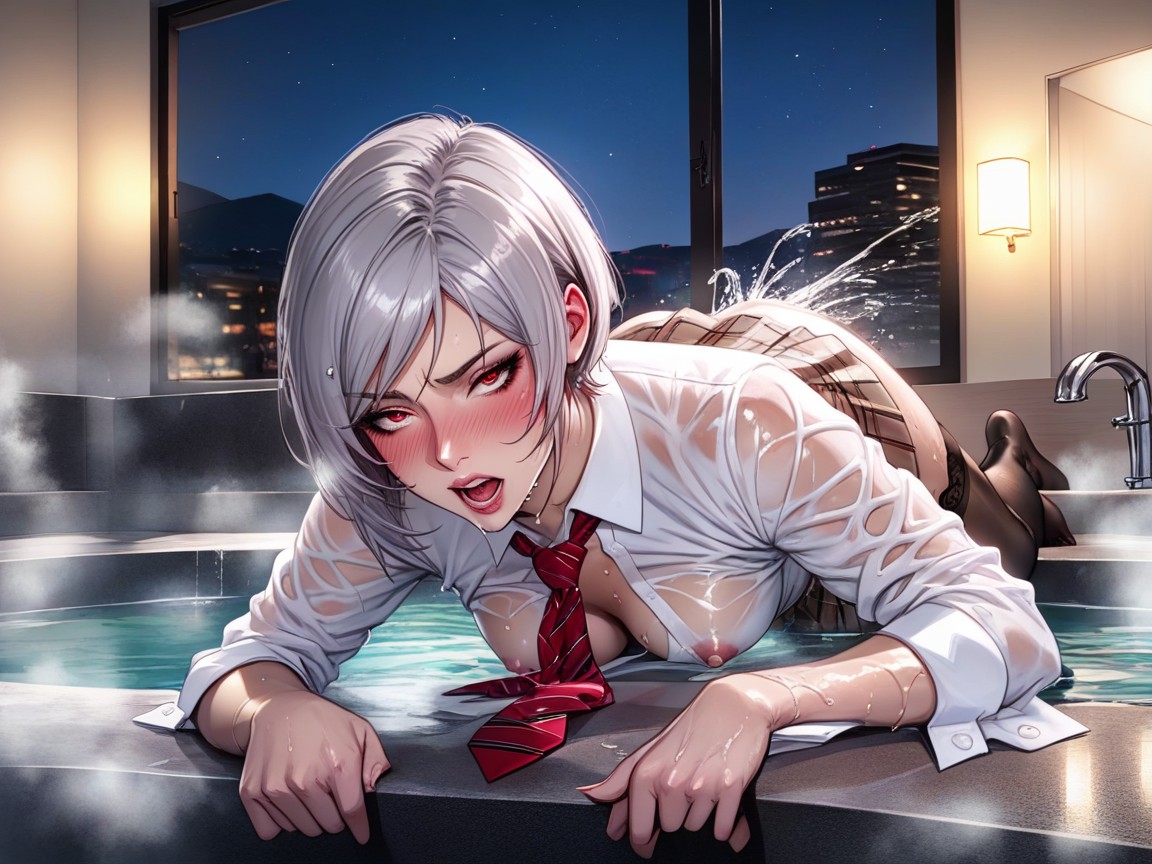 Blushing, Small Breasts, Luxury Penthouse Bathroom Setting Hentai AI Porn
