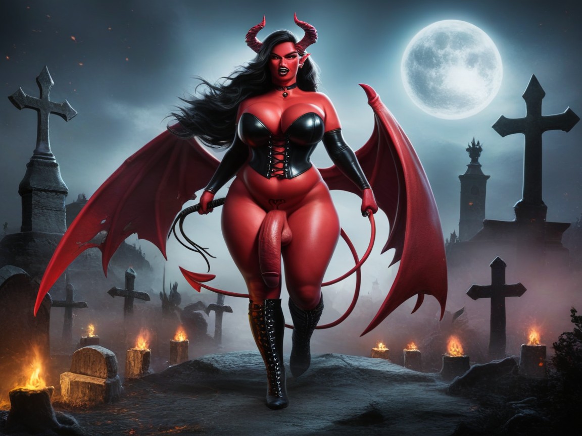 Big Red Demon Horns, Big Cleavage, Standing With Legs Apart Shemale AI Porn