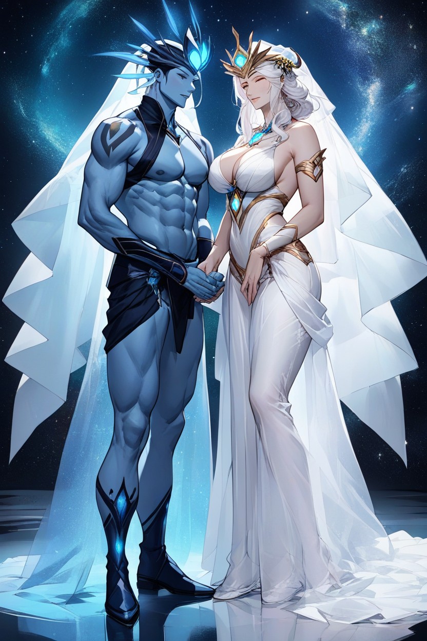 Two People, Glowing Sci-fi Altar Behind Them, Glowing Deep Blue Skin Hentai AI Porn