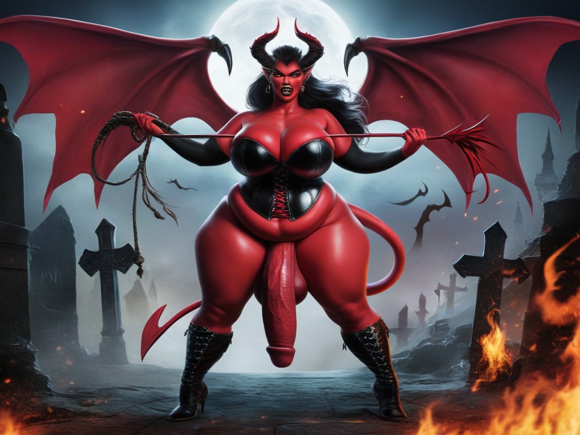 Big Black Demon Wings, Visible Breasts, Full Moon Shemale AI Porn