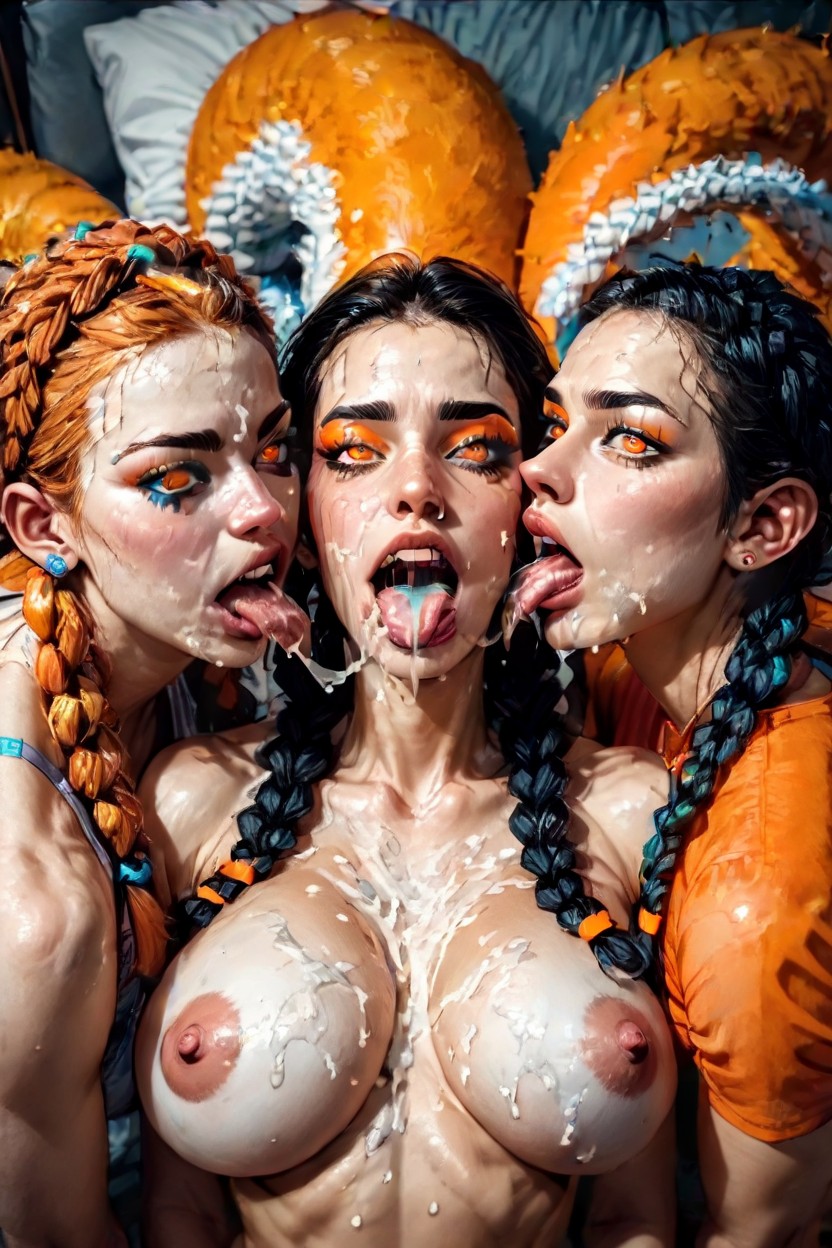 Hyper Realistic, Other Womens Hands Pushing Through Subjects Head On Cock, Cum Exploding From Mouth AI Porn