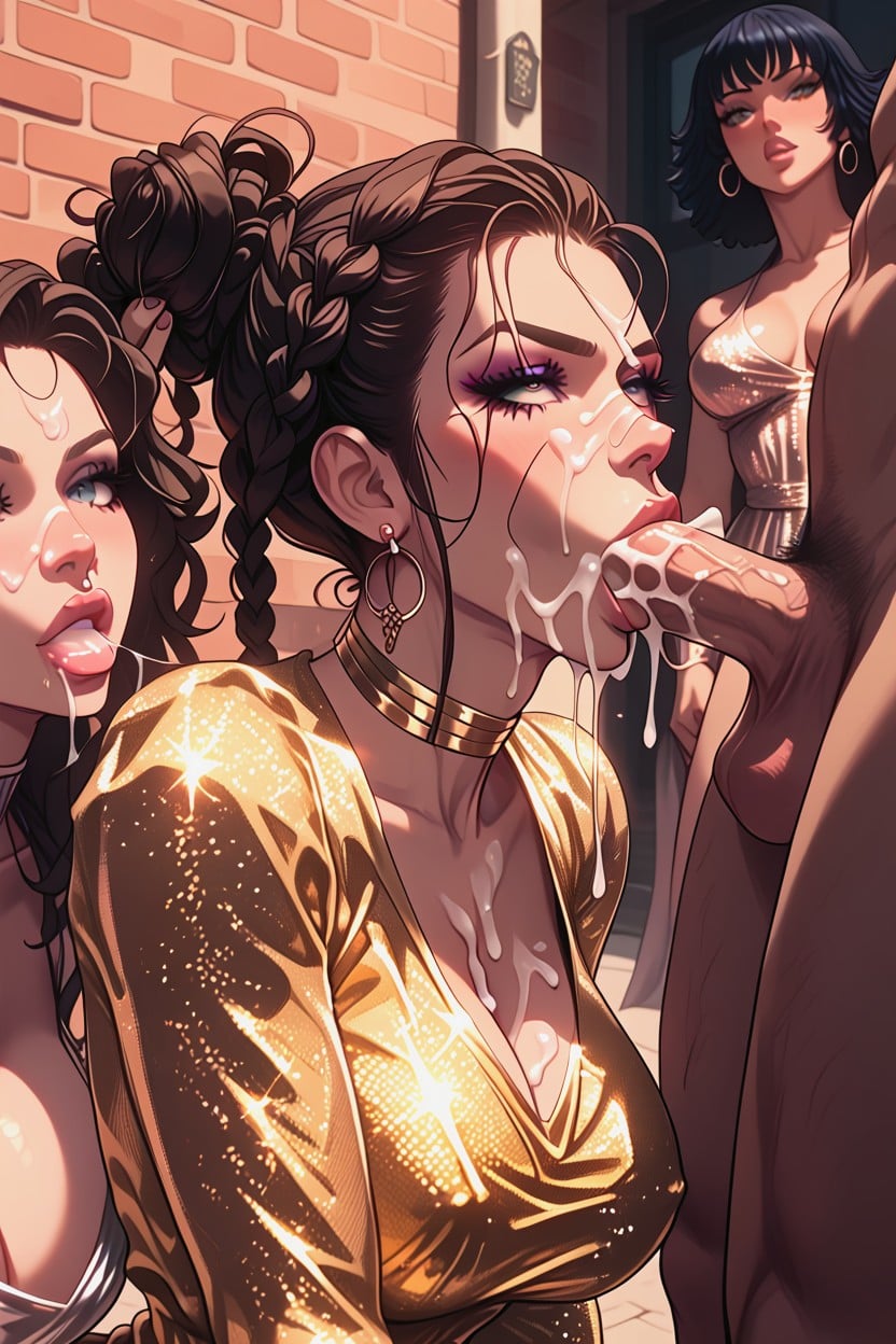 Messy Twin Tail Braids, Stunning Statuesque Bimbo Slut Performer Woman Deep Throating Man, Cum Exploding From Mouth AI Porn