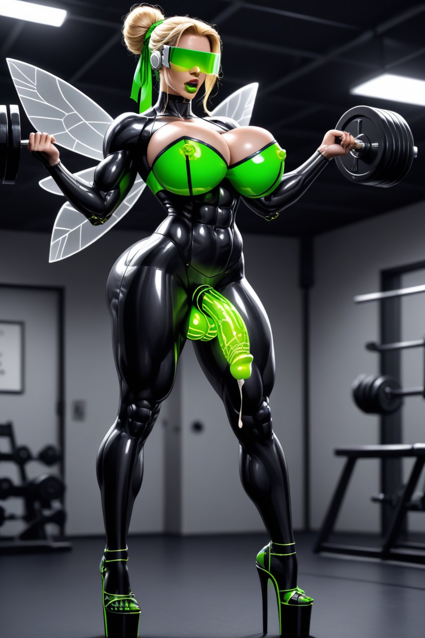Out Of Her Crotch Protrudes Erect Metallic Penis Pointing Up And Ejaculating, Metallic Fairy Wings, Bimbo AI Porn