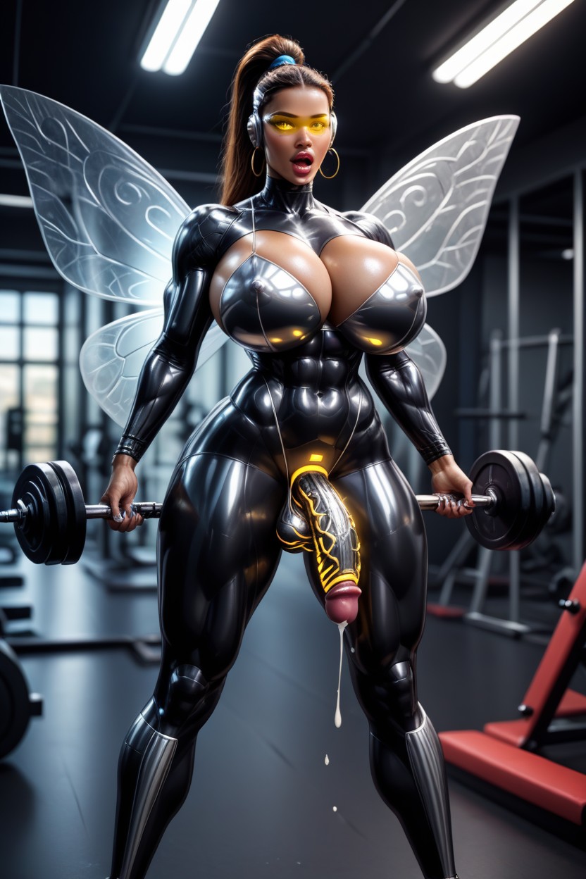 High Platform Wedges With Spiked Heels, Clear Latex Bustier, She Has Clear Visor Latina AI Porn