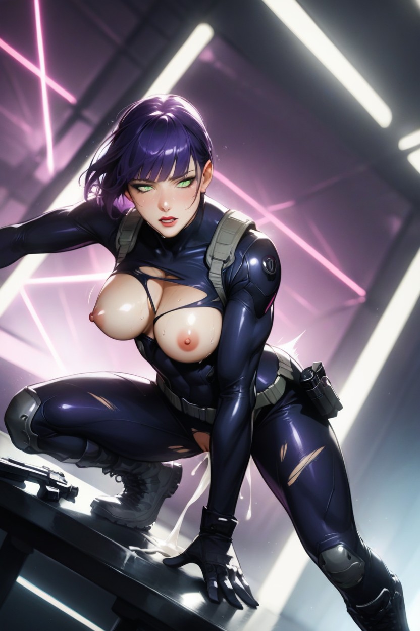 Futuristic Pistol In Holster, Black Bodysuit Unbuttoned, Black Combat Boots AI Porn