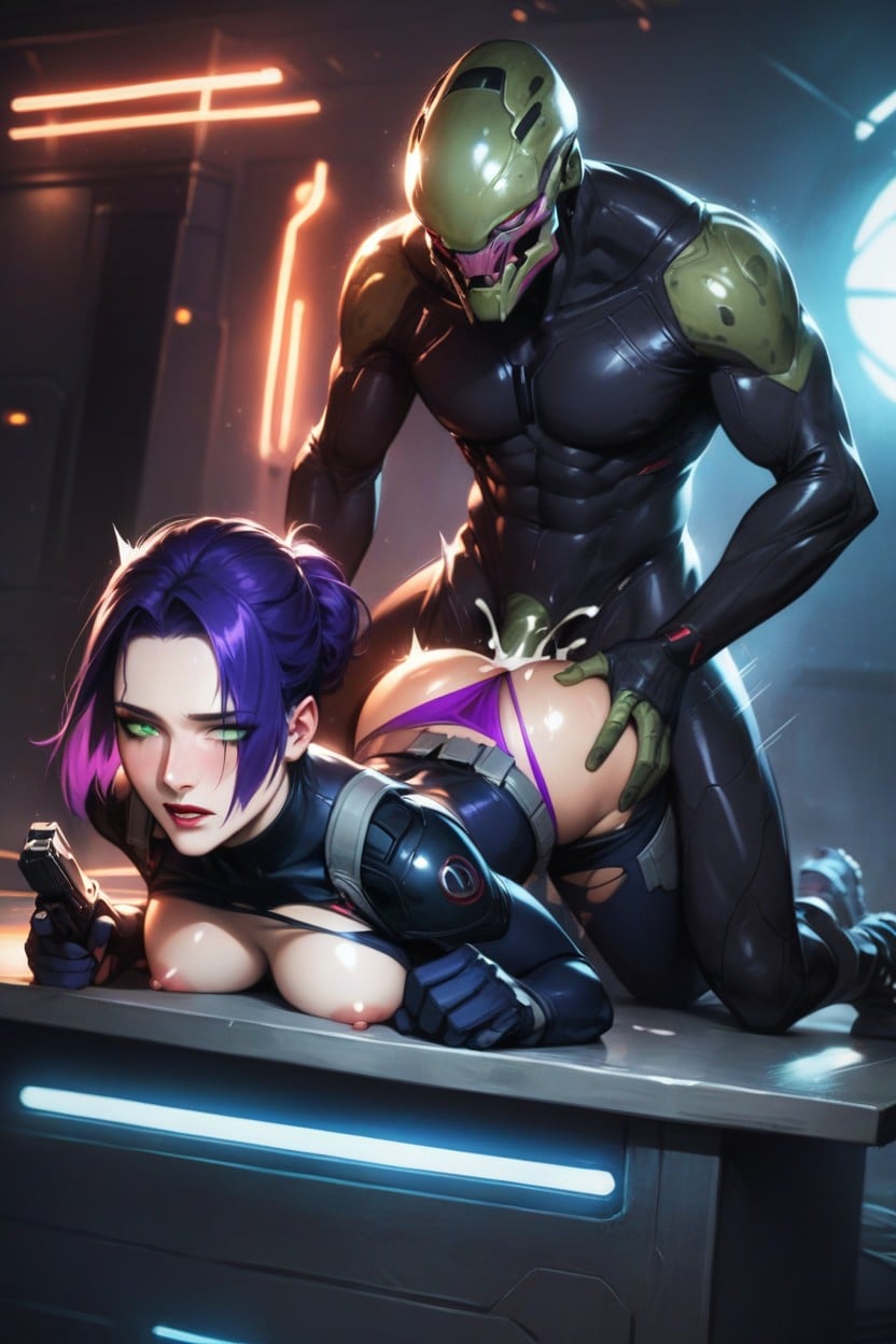 Purple Thong Pulled Down, Front View, Alien Monster Much Bigger Than Woman AI Porn