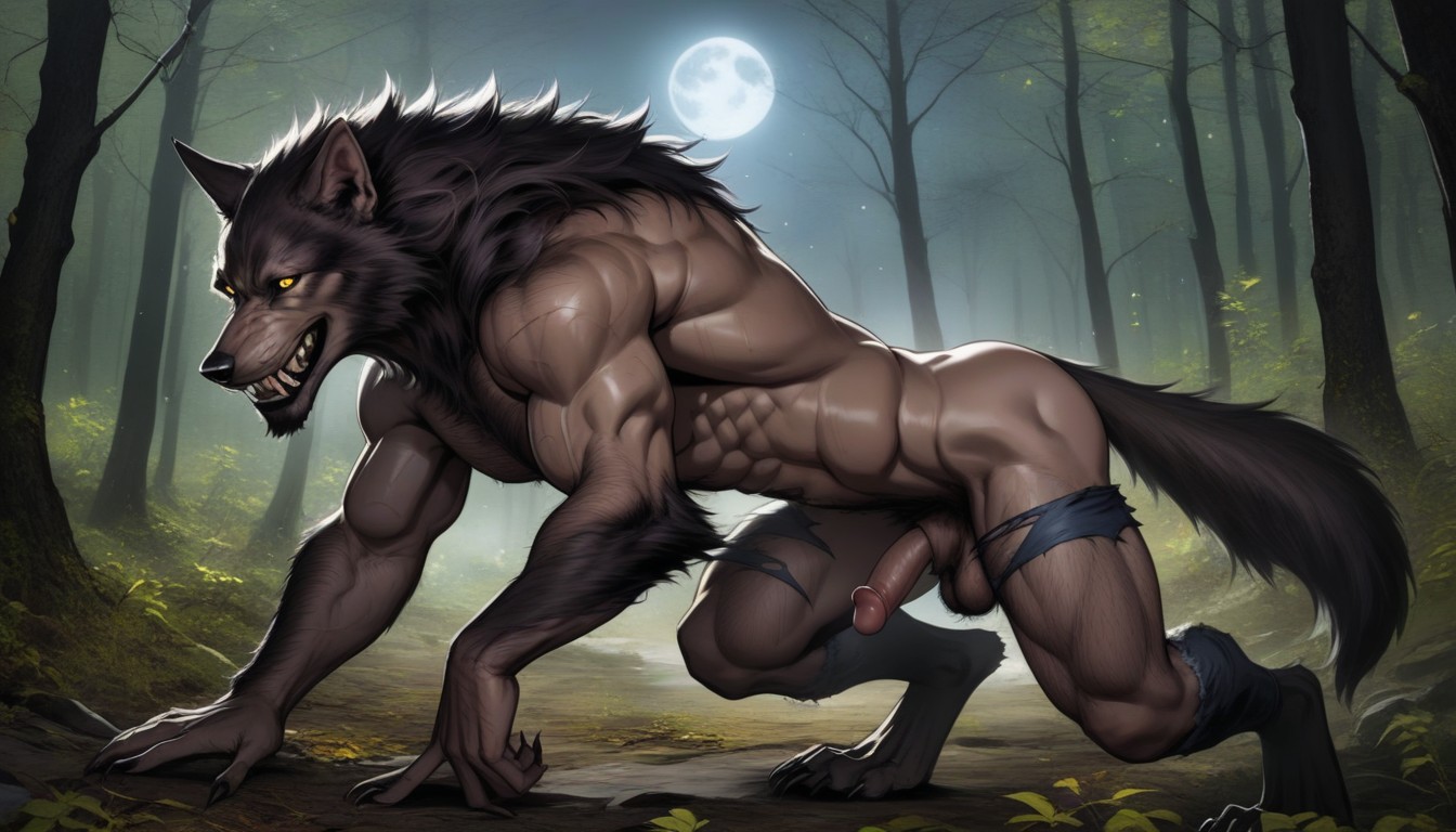 Happy, Ripped Clothes , Werewolf Has Brown Colored Fur AI Gay Porn