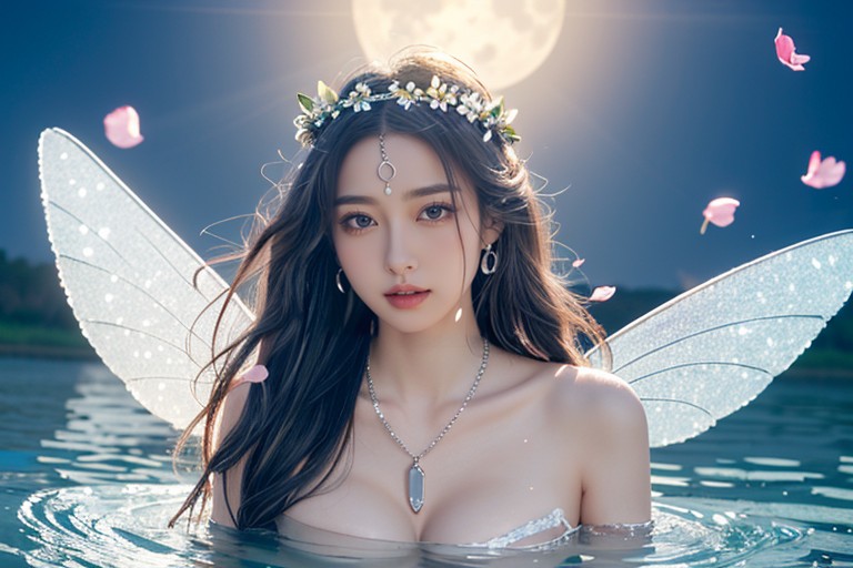 Silver Long Hairs, No Bra, Soft Moonlight Asian AI Porn