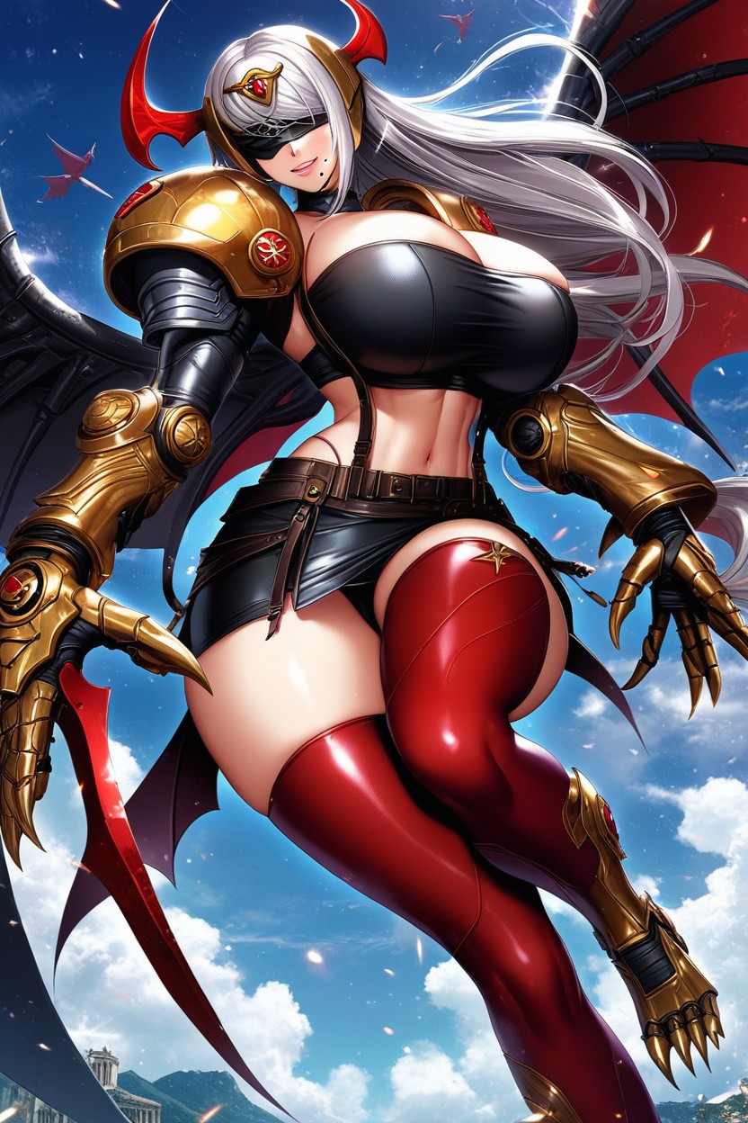 Wide Hips, Red Thigh Highs, Hair Covering One Eye AI Porn