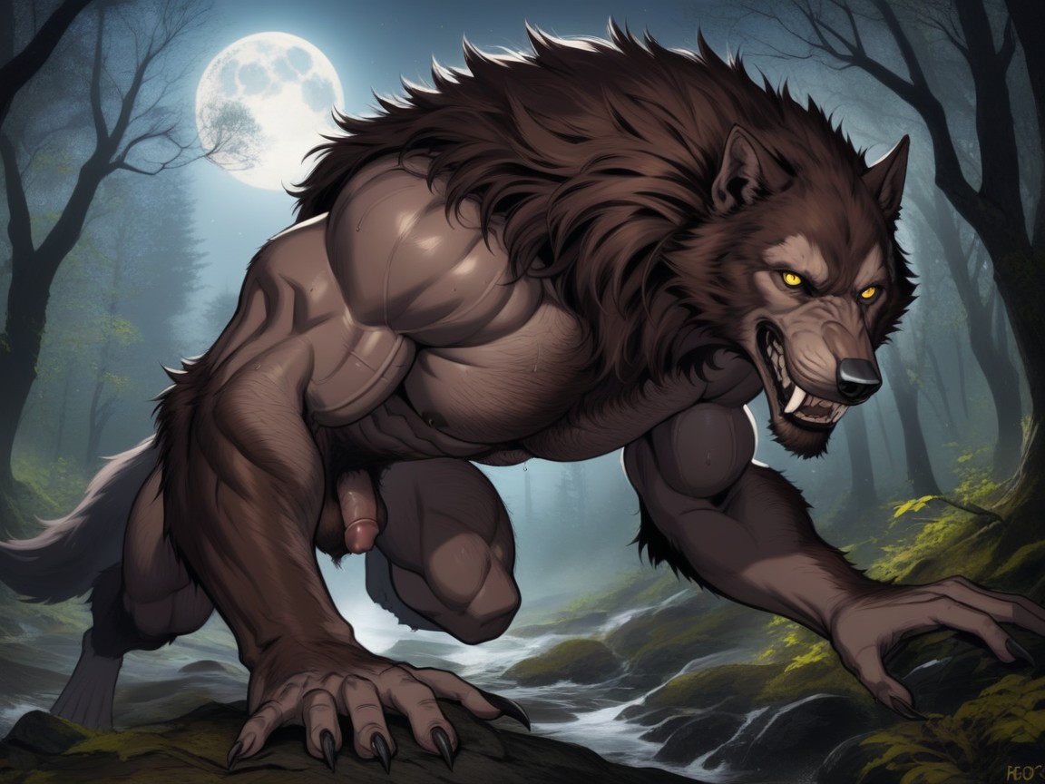 Close Up, Werewolf Has Hairy Muscular Digitigrade Legs, Werewolf Has Thick Brown Colored Fur AI Gay Porn