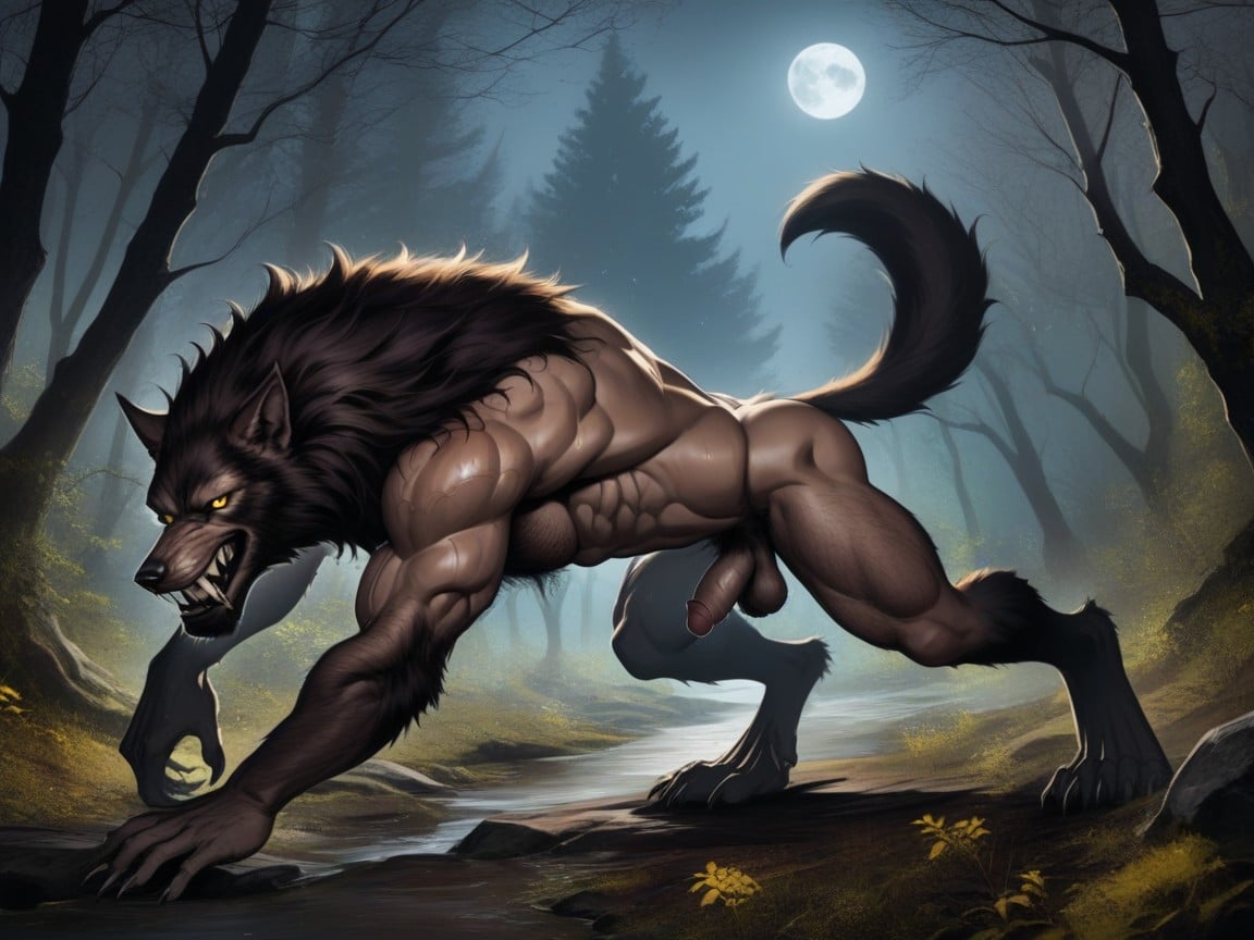 Rear View, Happy, Werewolf Large Hair Covered Chest Muscles AI Gay Porn