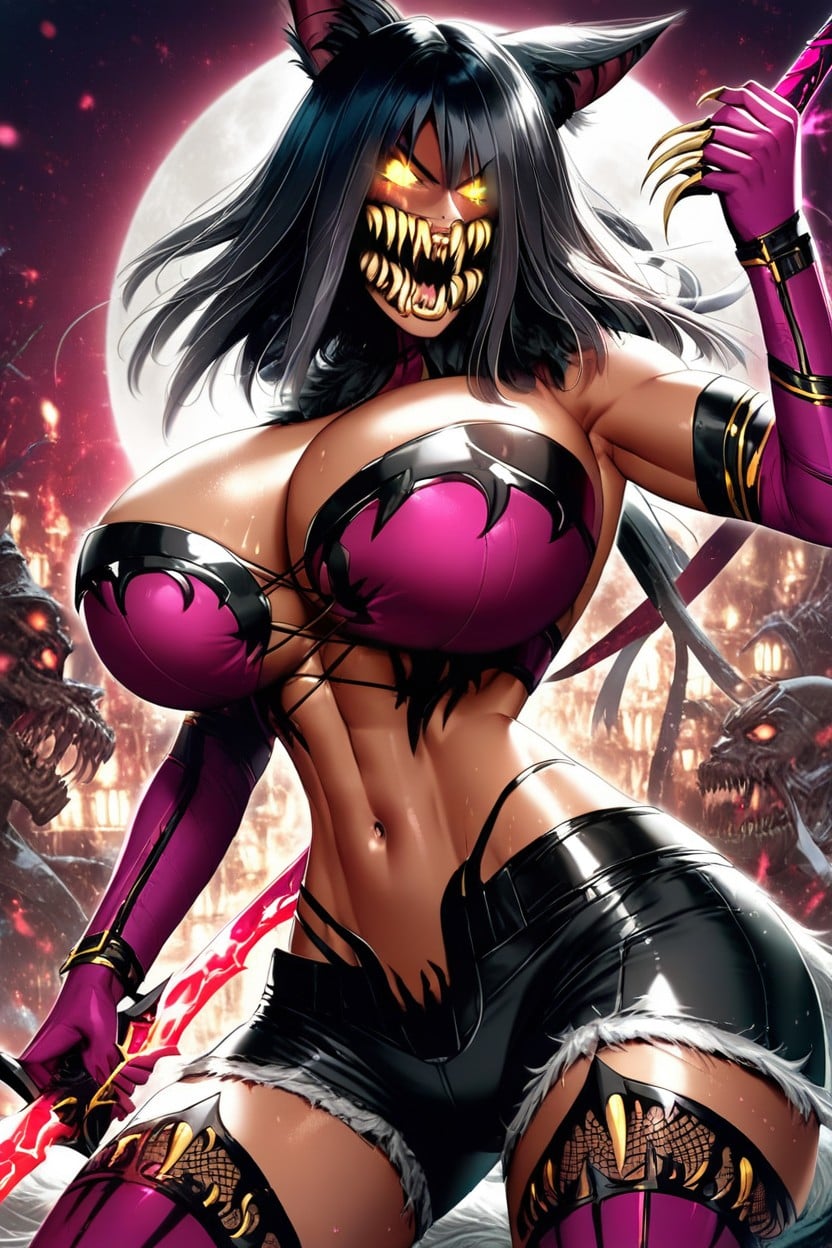 Black Armor Gauntlets, Metallic Body, Mileena From Mortal Kombat Hentai AI Porn
