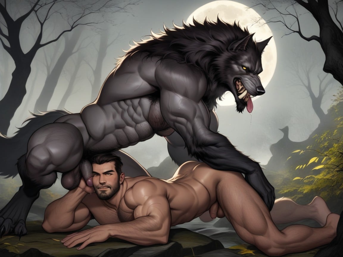 Hands On Hips, The Werewolfs Body Is Wolflike, Werewolf Has Hairy Muscular Digitigrade Legs AI Gay Porn
