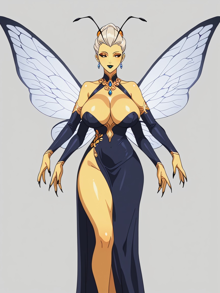 Fuzzy Hairs Upper Torso And Underbreasts Exposed Sides Of Breasts, Black Dress, Bee Antennae Atop Head Large Hentai AI Porn