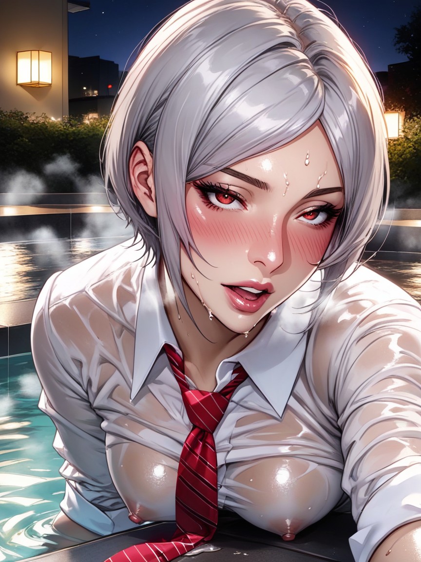 Penthouse Bathroom, Extremely Oiled Body, Red Lace Stockings Hentai AI Porn