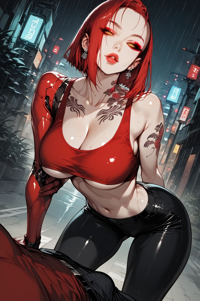 Exposed Navel, Neck Tattoo, Red Tank Top Hentai AI Porn