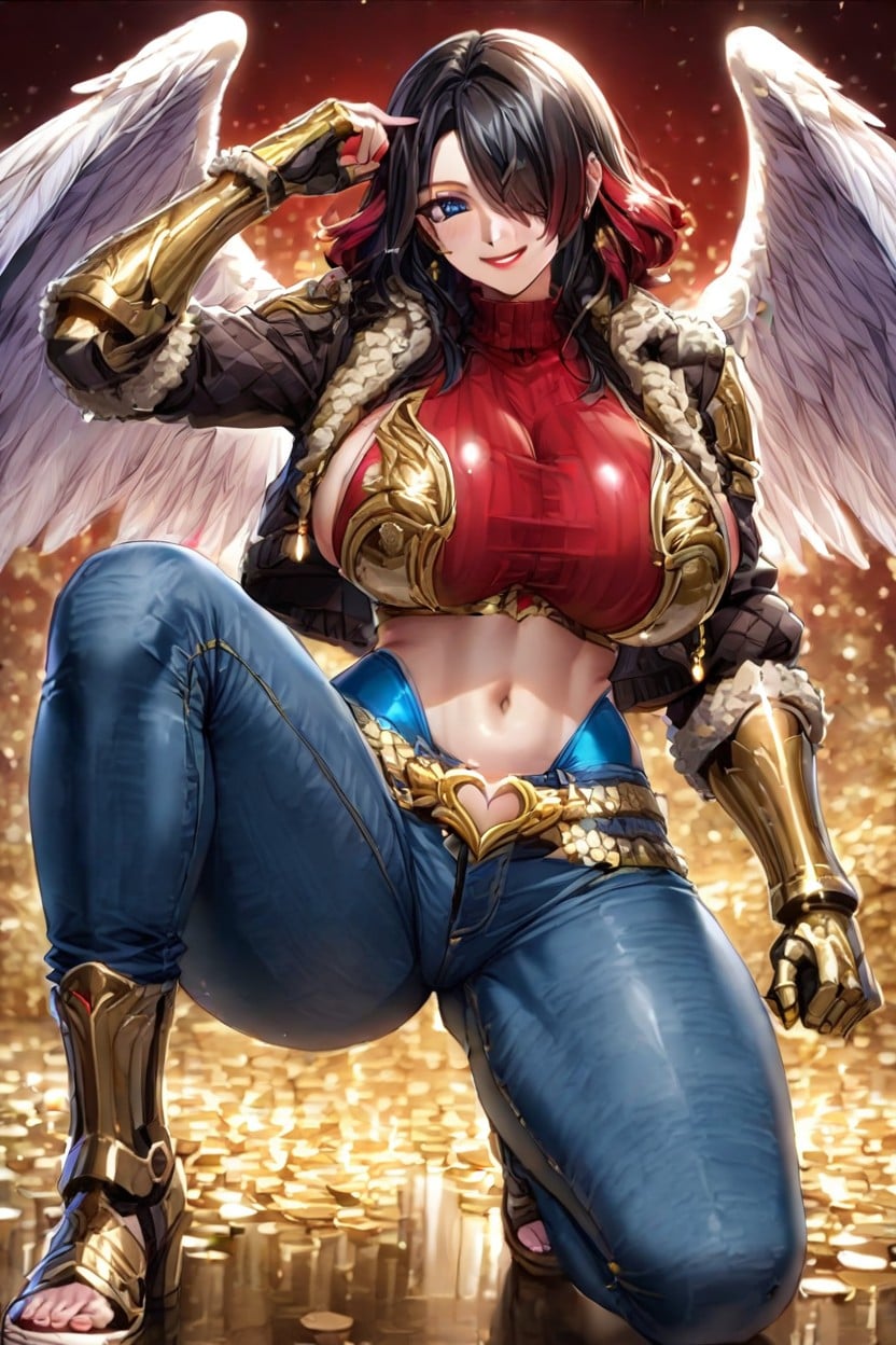 Long Head Wings, Black Cropped Bomber Jacket, Gold Armor Grieves Hentai AI Porn