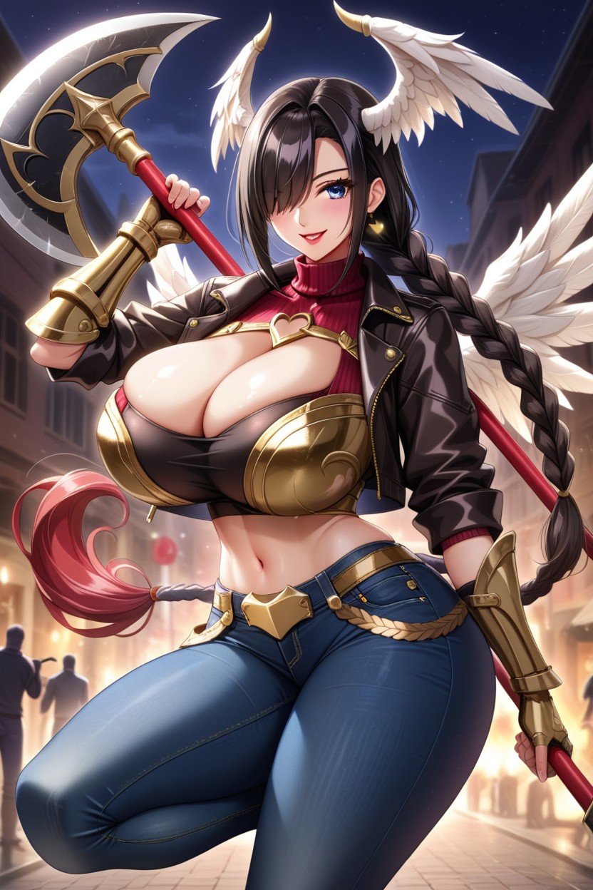 Holding Huge Axe, Black Cropped Bomber Jacket, Raising One Thigh Hentai AI Porn
