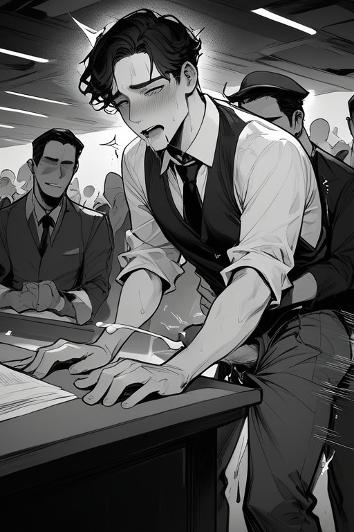Black-haired Man Being Given Handjob From Crowd Behind, Medium, Ejaculation AI Gay Porn