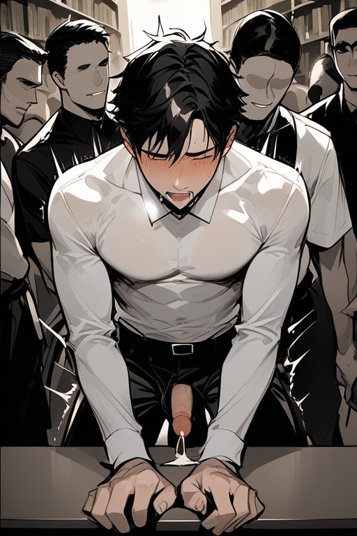 Drooling, Ejaculation, Black-haired Man Groped By Crowd AI Gay Porn