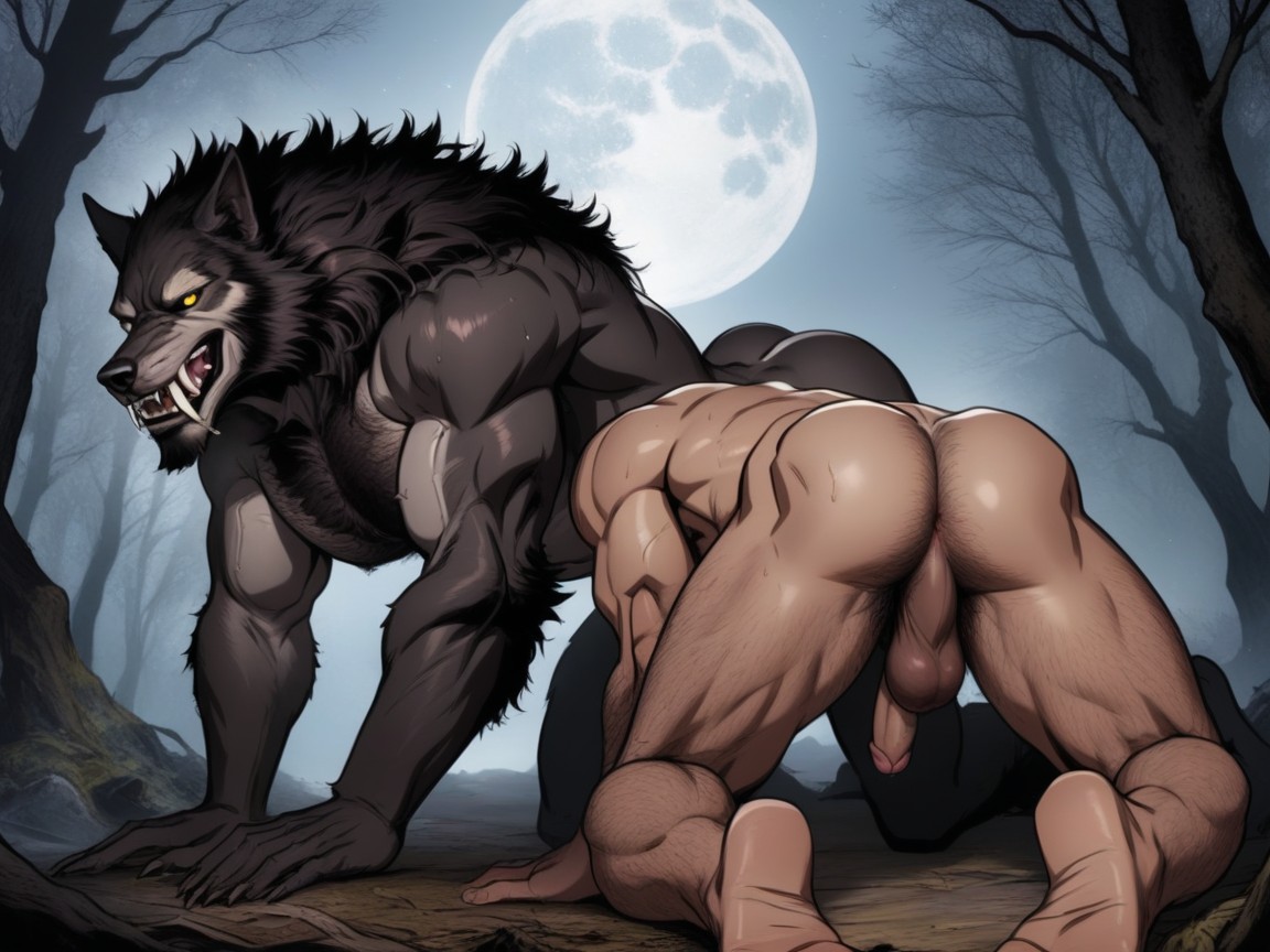 The Werewolfs Yellow Eyes Are Wide Open With Excitement, 2 People, Naked AI Gay Porn