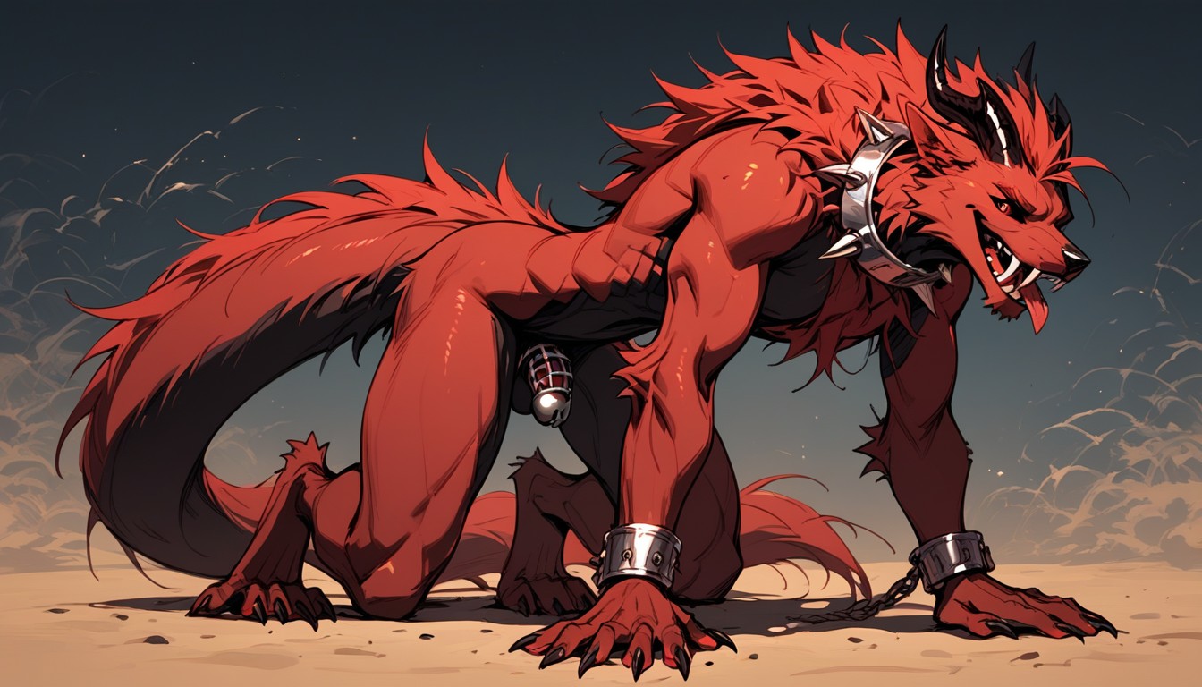 Tongue Out, Dark Red Inner Fur, Lean Body Furry AI Porn