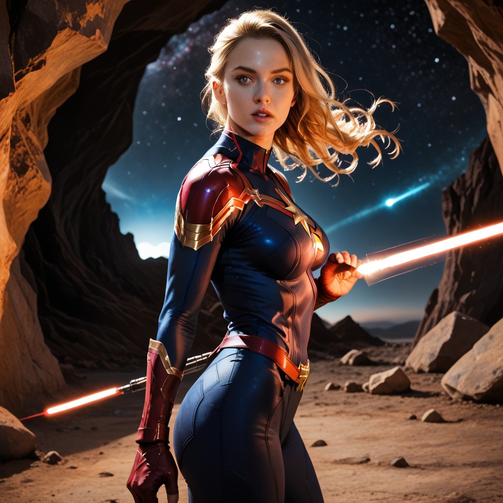 Rounded Ass, Captain Marvel Hovering Above Ground, Panoramic View Hentai AI Porn
