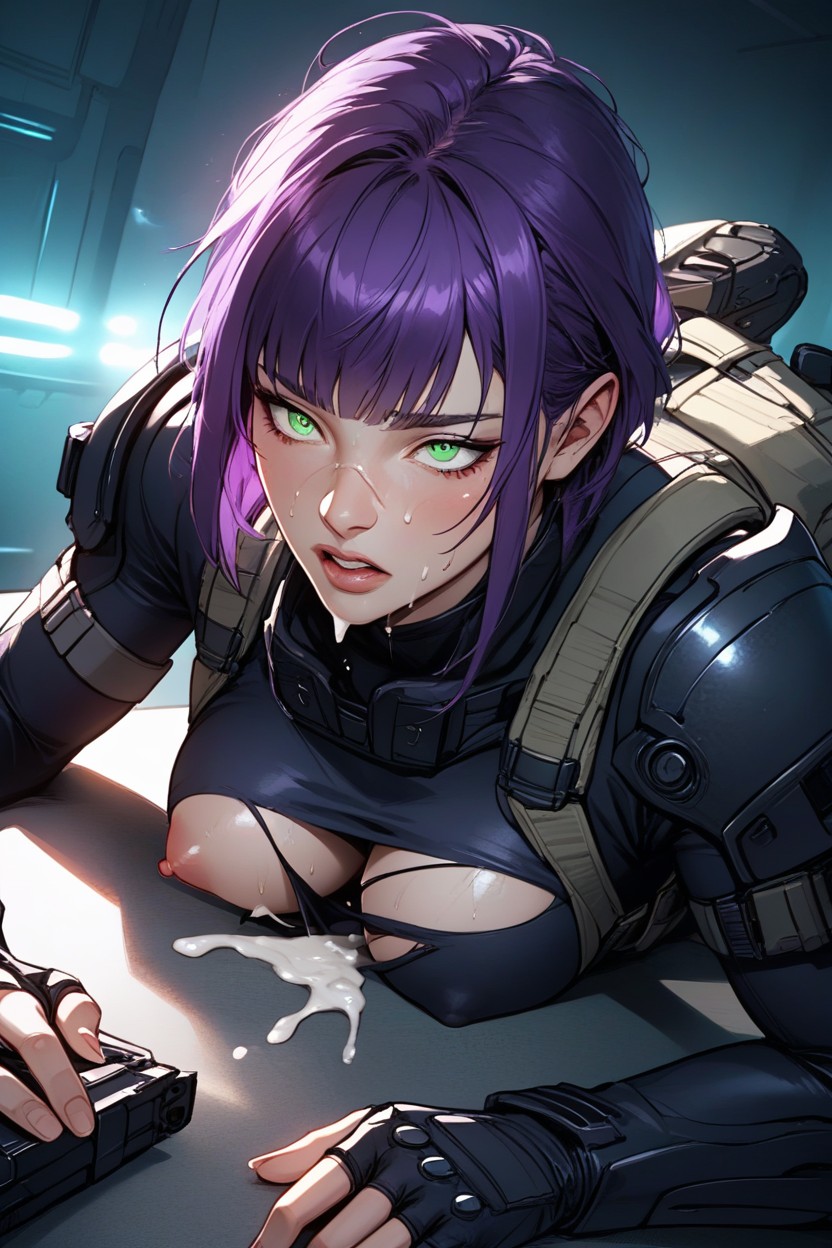 Grey Tactical Pads, Green Eyes, Breasts Exposed AI Porn