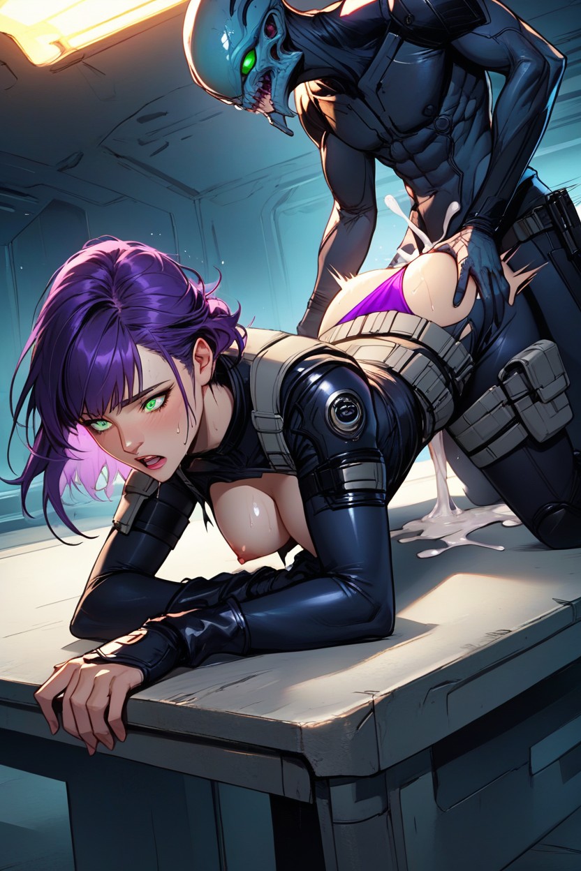 Woman Laying On Stomach, Skinny, Black Bodysuit Unbuttoned AI Porn