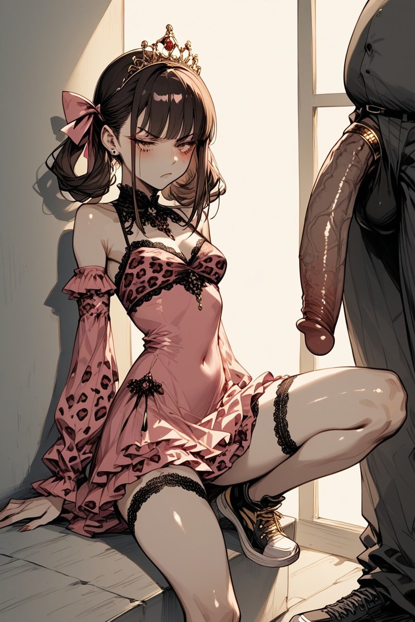 Curled Legs Sideways, Leopard Print Clothing, Improved Posture Griping Stomach Hentai AI Porn