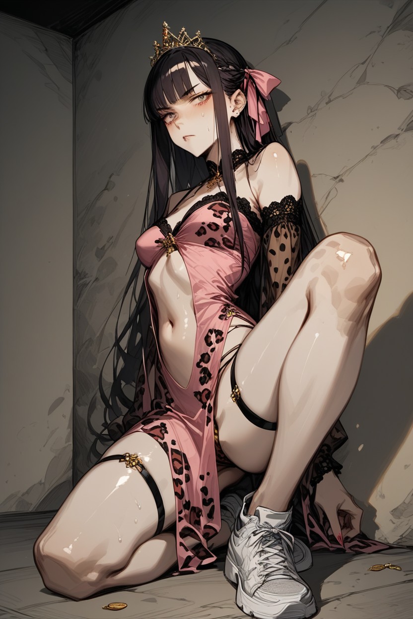 Rubbing Stomach In, Brunette, Leaning Back Against Wall Hentai AI Porn