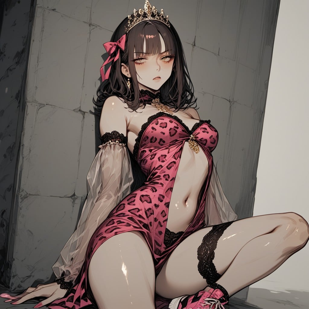 Frail Body Hairstyle, Curled Legs Sideways, Elegant Laced Dress Hentai AI Porn