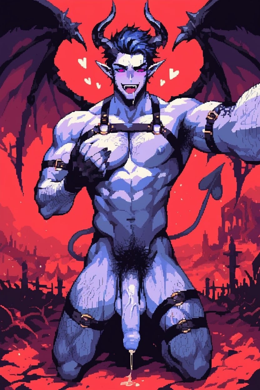 Erotic Pose, Red Eyes, Muscular AI Gay Porn