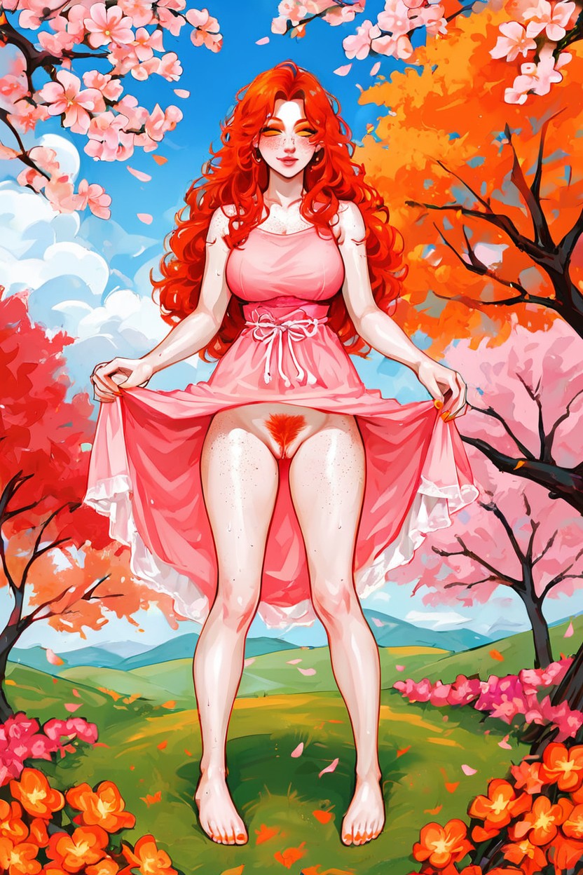 Pink Leaves, Pink Floral Dress, Ginger AI Porn