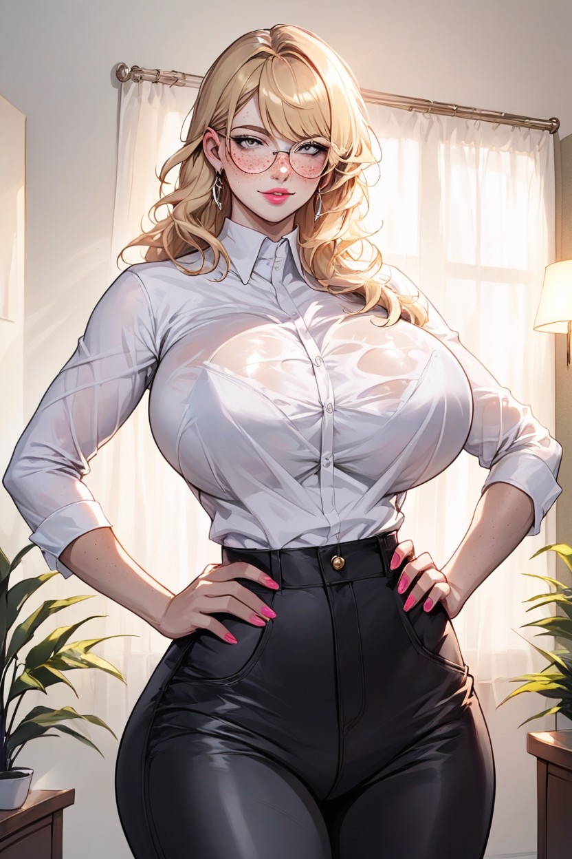 She Wears White Shirt, Freckles, Pink Nail Polish Hentai AI Porn