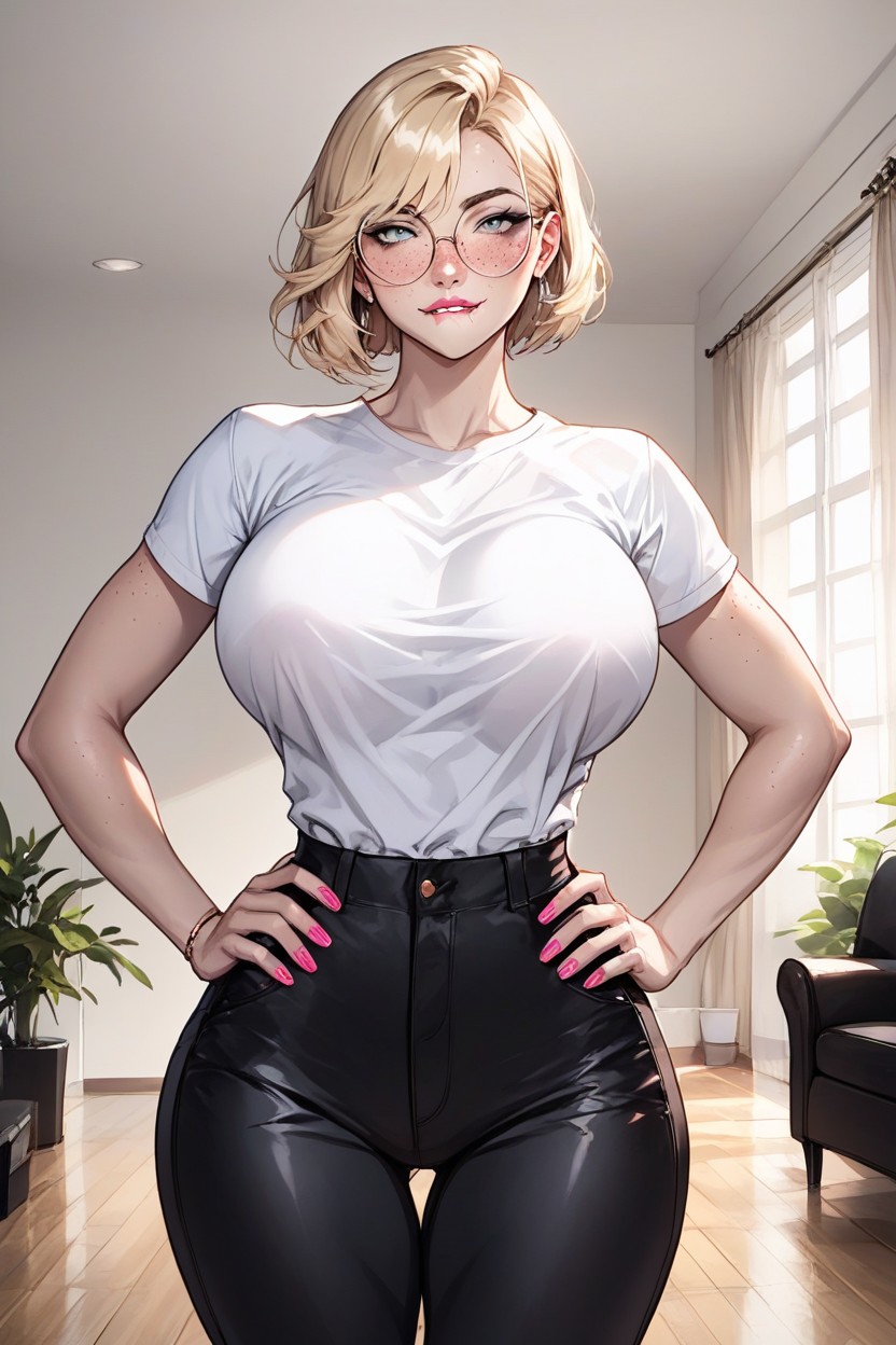 Bobcut With Bangs, Beautiful Face, Grey Eyes Hentai AI Porn
