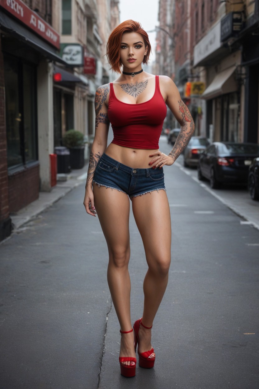 Lean Hips, Red Tank Top, Geometric Tattoos AI Porn
