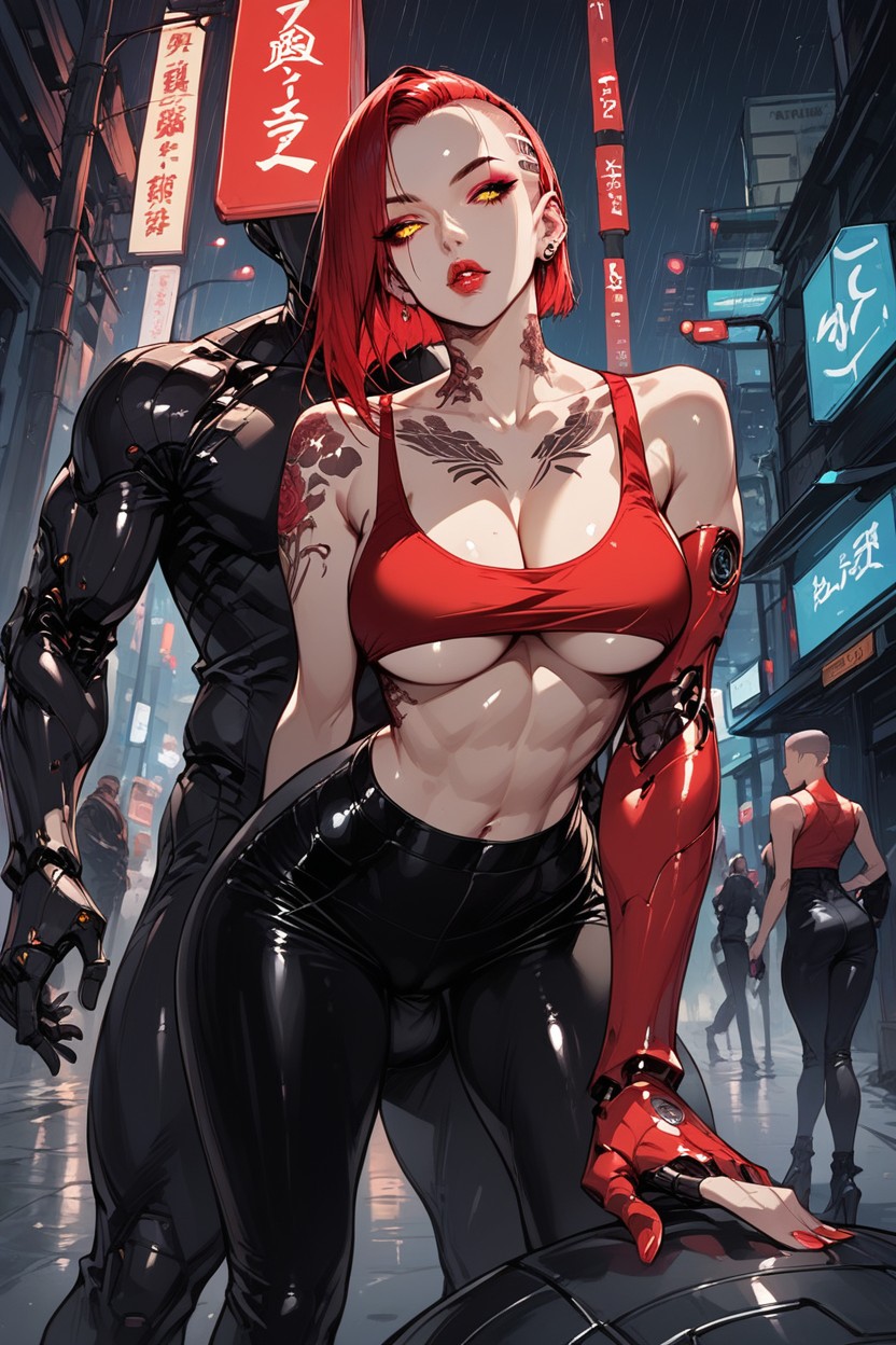 Black Tight Leather Pants, Underboob, Rounded Breast Hentai AI Porn