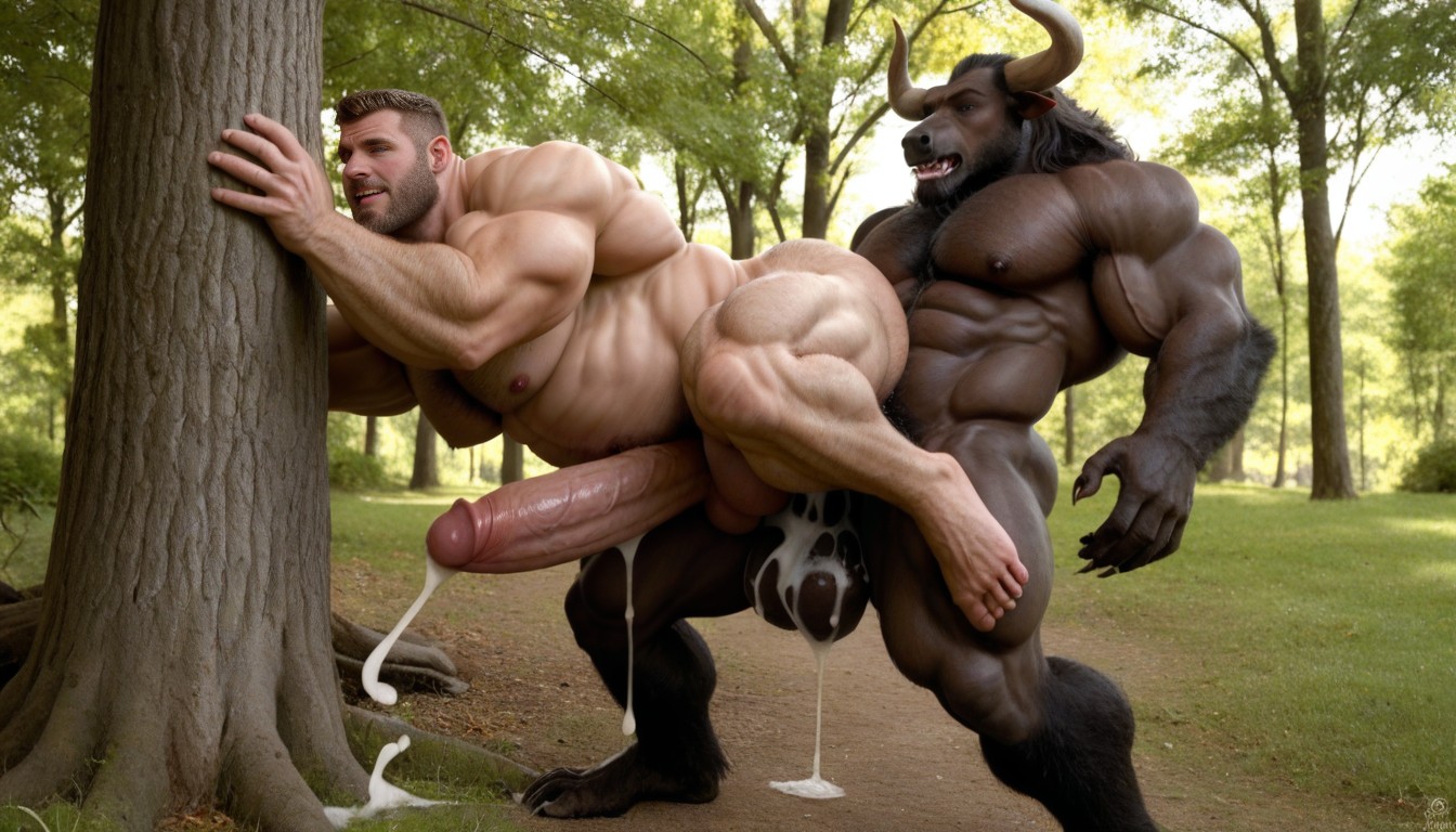 Gigantic Minotaur Standing Behind The Werewolf, Two Creatures, Gigantic Minotaur Fucks Furry Werewolf Anal Only AI Gay Porn