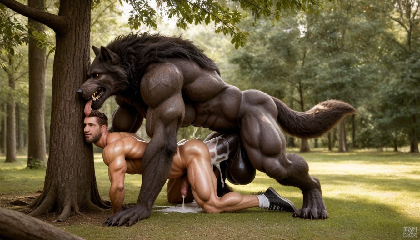 Full View, Muscular Titan Is Gigantic Bigger Than Muscular Werewolf, Long Shot AI Gay Porn